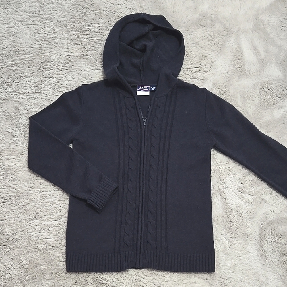 Vintage Izod cable knit dark navy blue Hooded Zip-Up Sweater jacket size M